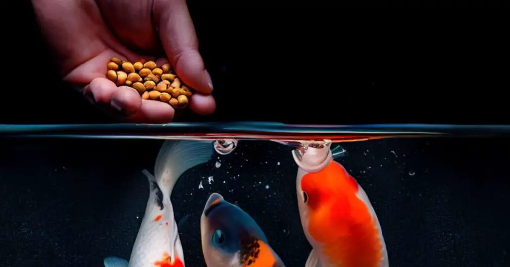 A hand feeding koi fish near the water's surface.