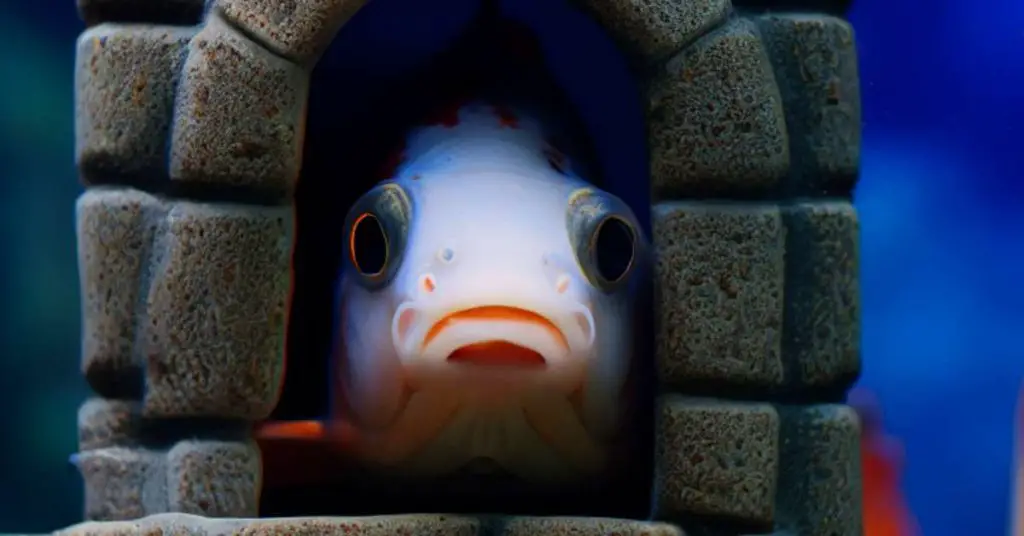 A koi fish peaking through a toy castle placed in its tank.