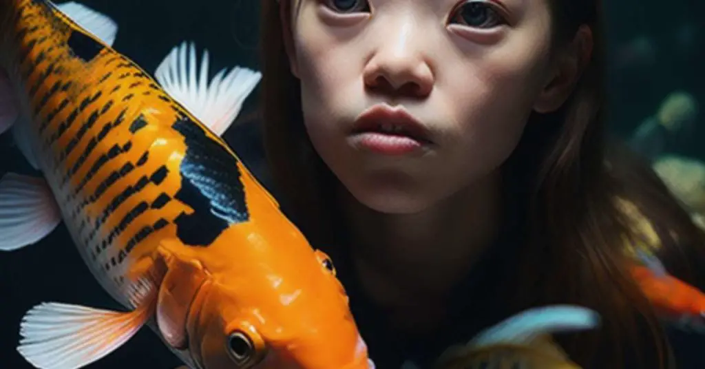 A woman looking at her golden pet Koi fish in its tank.
